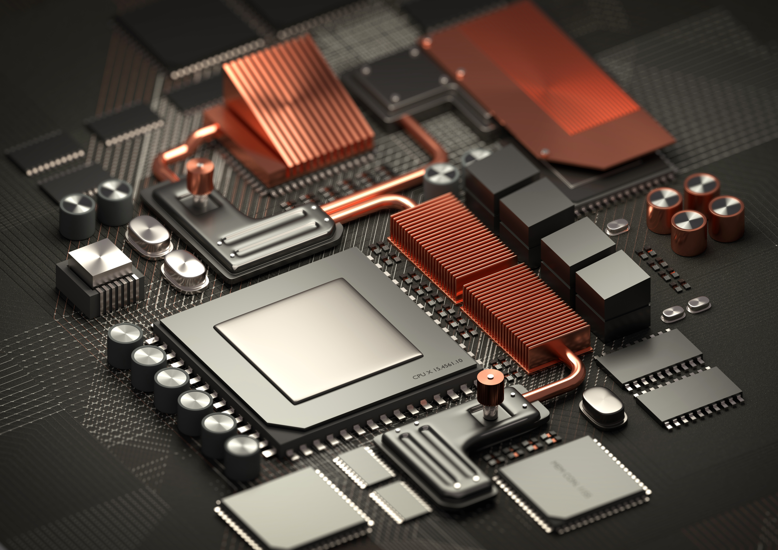 Modern Technology background.A close look at a performance computer CPU on a motherboard for processing data. 3D illustration render.